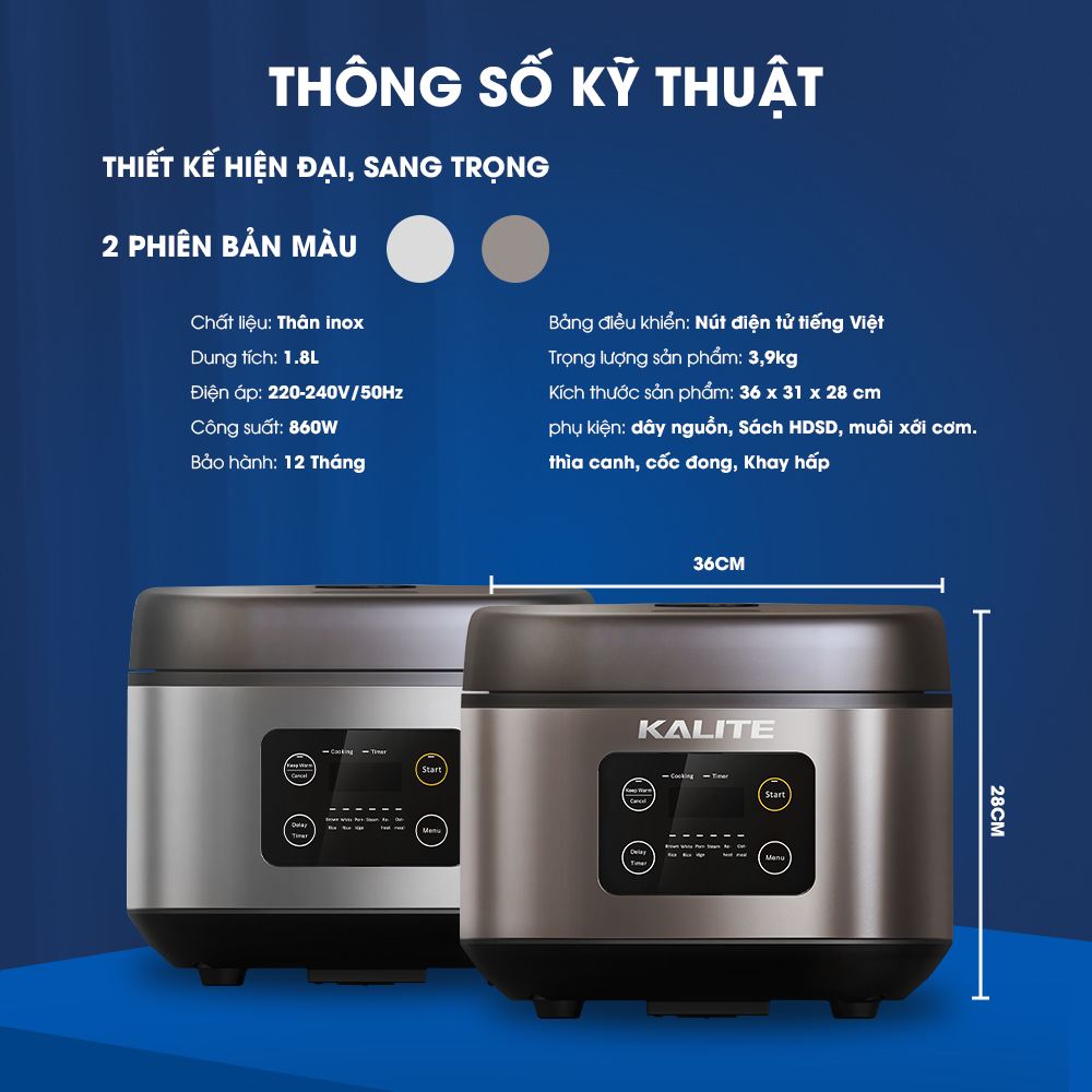 Nồi Cơm Điện Tử KALITE KL-620 Thương Hiệu Úc Công Suất 860W Dung Tích 1.8L 8 Chế Độ Nấu - Hàng Chính Hãng