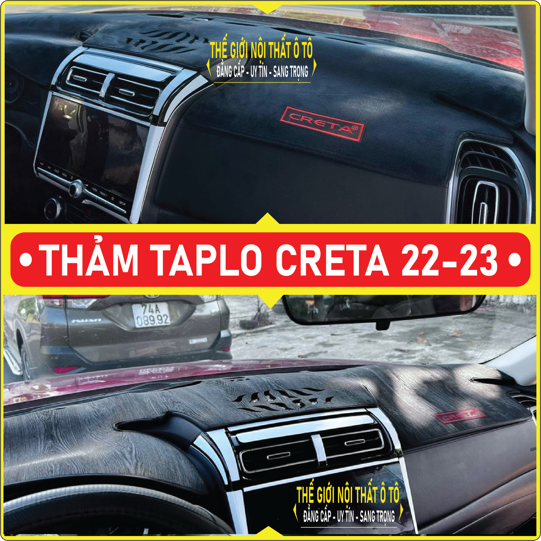 Thảm taplo Hyundai Creta 2022 2023 da cacbon, da vân gỗ, nhung cu· 3 lớp dày 1cm chống nắng cao cấp