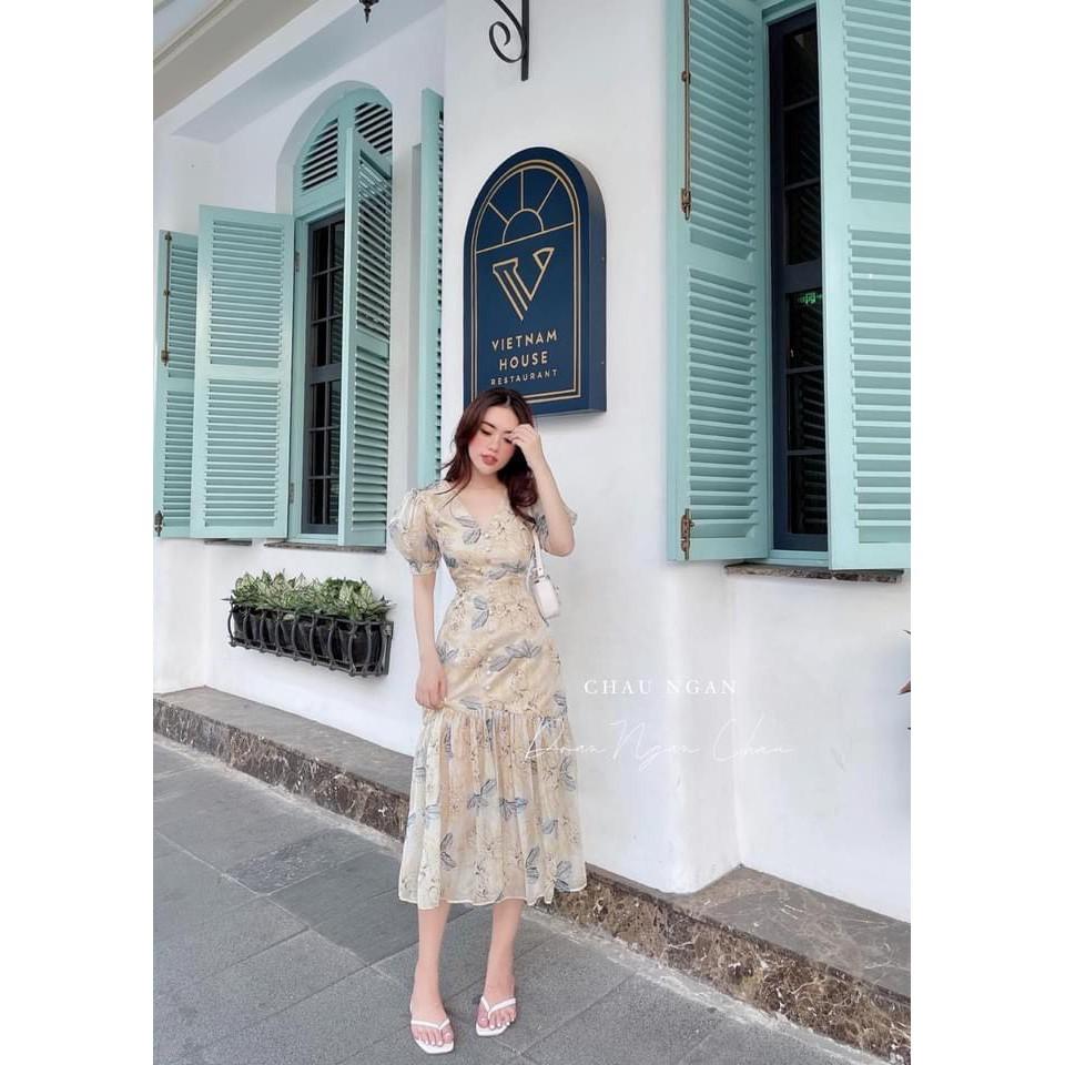 VÁY HOA TƠ CỔ V ĐUÔI CÁ CÚC BỌC