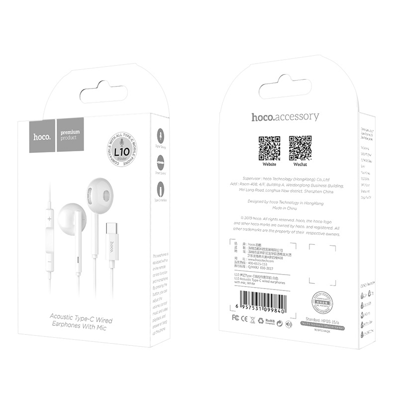 Tai Nghe Có Dây Hoco L10 Chân Type - C - Hàng Chính Hãng + Tặng kèm 3 Dây Cuốn Bảo Về Dây Tai Nghe Lò Xo