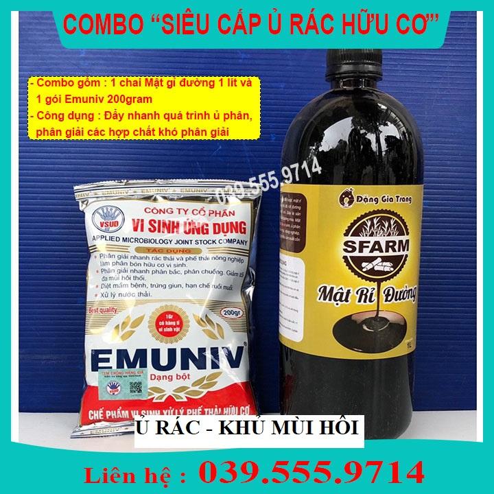 BỘ ĐÔI 01 TÚI CHẾ PHẨM Ủ RÁC VÀ PHÂN BÓN EMUNIV 200GRAM VÀ 01 CHAI MẬT RỈ ĐƯỜNG LOẠI 1 LÍT