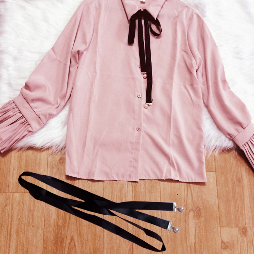 Áo Sơ Mi Hồng Phối Nơ Đen Tay Dài – Size L