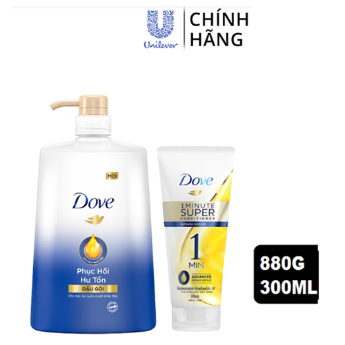 Combo Dầu gội và Kem xả DOVE Phục Hồi Hư Tổn Tinh Chất Serum cao cấp dưỡng tóc khỏe đẹp 880g, 300ml