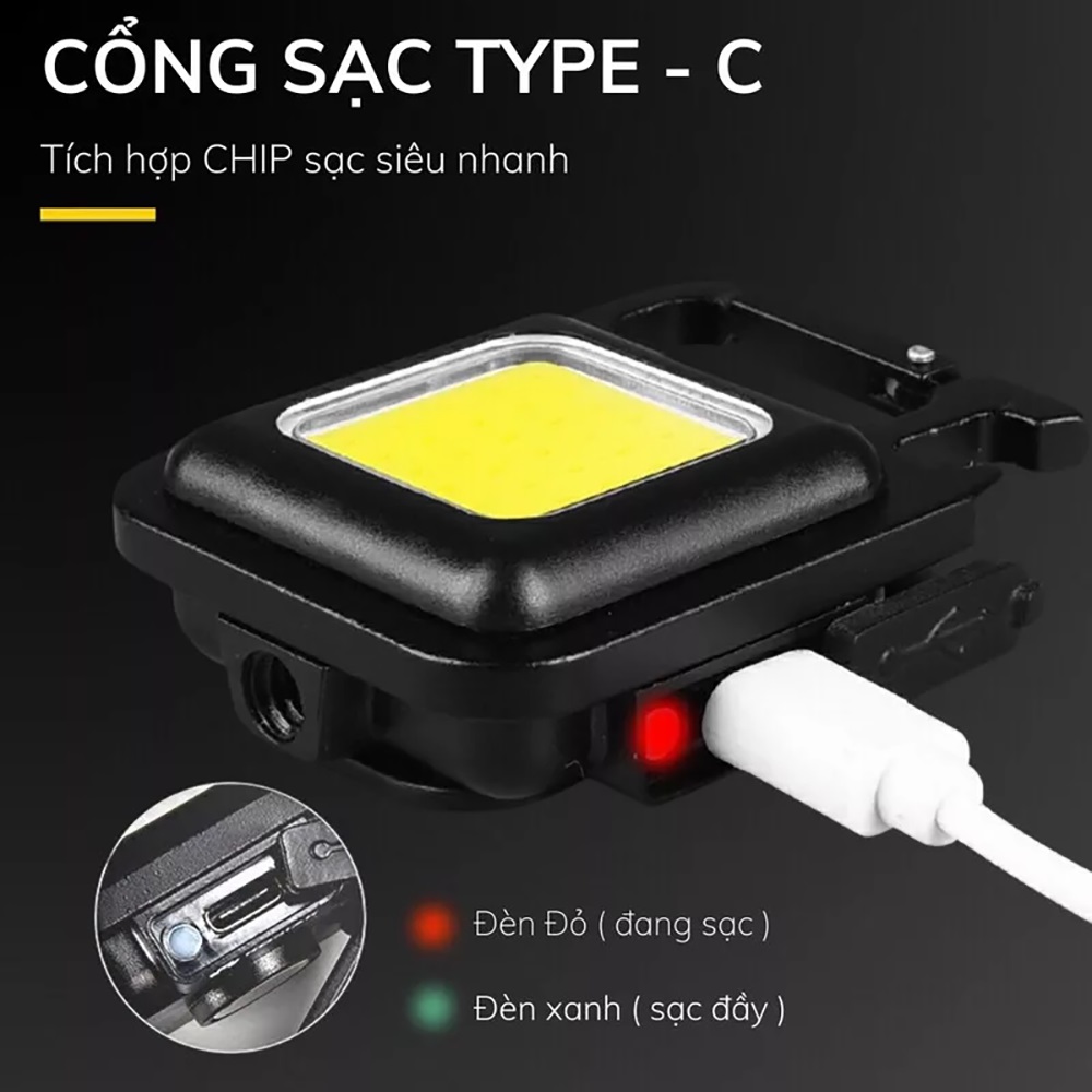 Đèn pin móc khóa siêu sáng COB 800 chống nước, 3 chế độ sáng, sạc usb, dung lượng pin 650 mAh