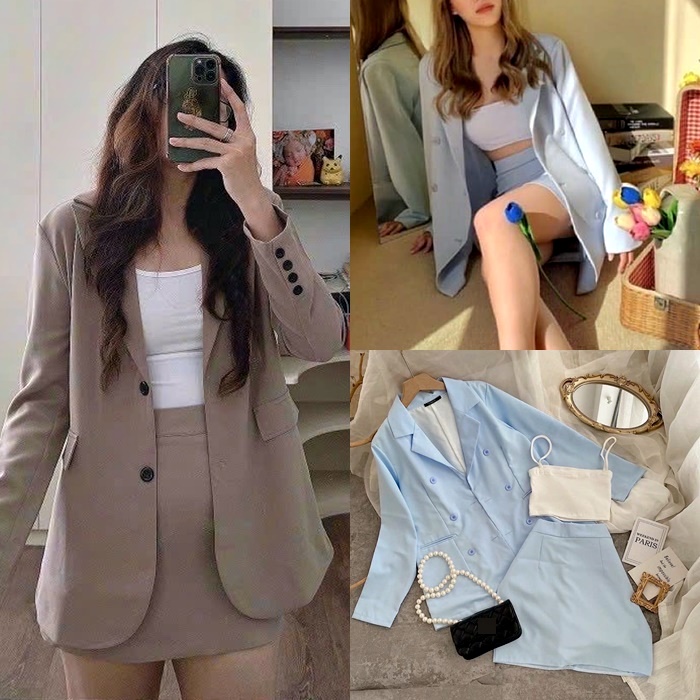 ĐẦM SET ÁO KHOÁC BLAZER VEST RỘNG TAY DÀI + CHÂN VÁY NGẮN CHỮ A LƯNG CAO SUÔNG TRƠN + ÁO 2 DÂY ĐI CHƠI ĐI TIỆC DẠO PHỐ CÔNG SỞ