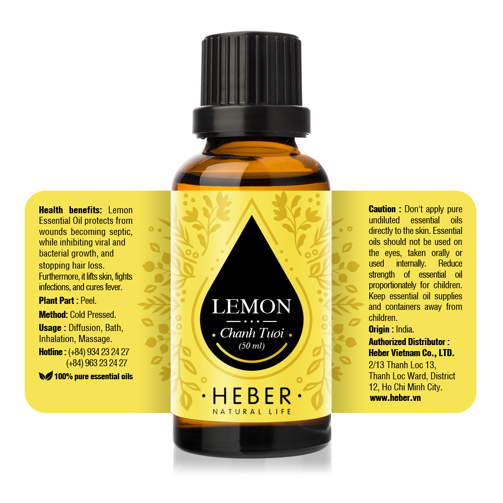 Tinh Dầu Chanh Tươi Lemon Essential Oil Heber | 100% Thiên Nhiên Nguyên Chất Cao Cấp | Nhập Khẩu Từ Ấn Độ | Kiểm Nghiệm Quatest 3 | Xông Thơm Phòng | Hương Dịu Nhẹ