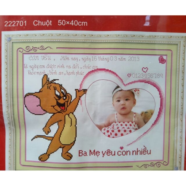 Tranh thêu chữ thập 12con giáp khung hình cho bé-Con Chuột (53*38cm) chưa thêu