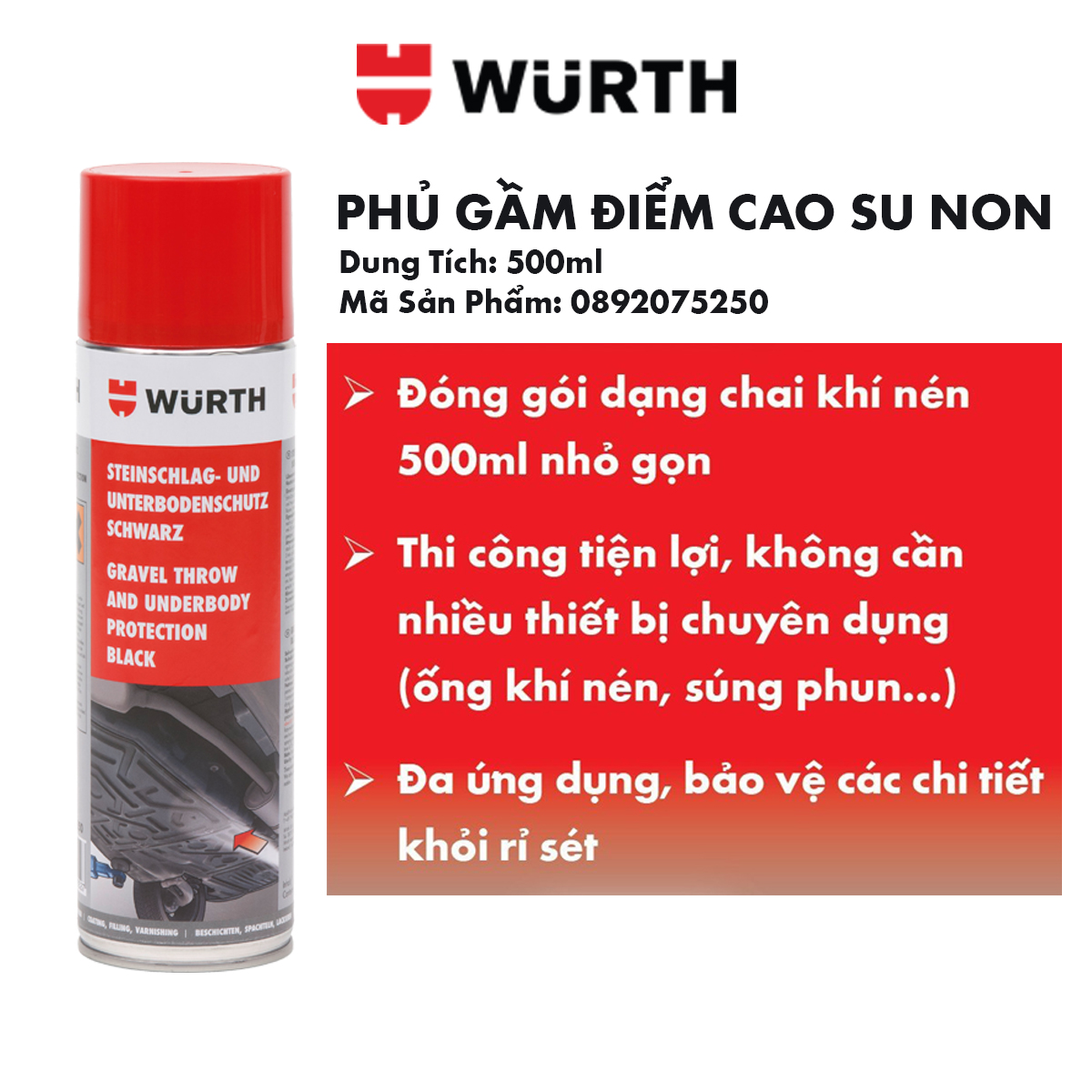 Wurth Phủ Gầm Màu Đen Chai Khí Nén Gravel Throw And Underbody Protection 500ml