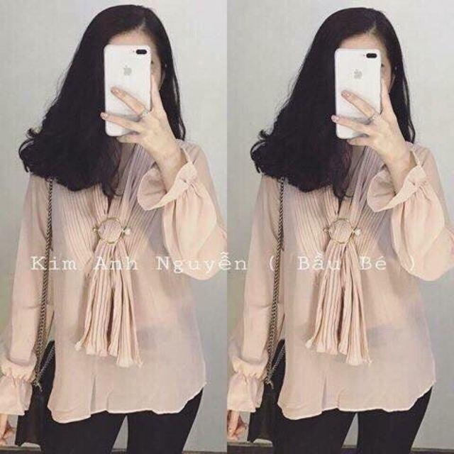 Áo kiểu tay dài bo ống phối dây choàng Cao Cấp