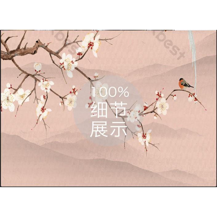 Tranh dán tường Hoa anh đào nở rộ và đàn chim, Tranh 3d dán tường hiện đại MS652473