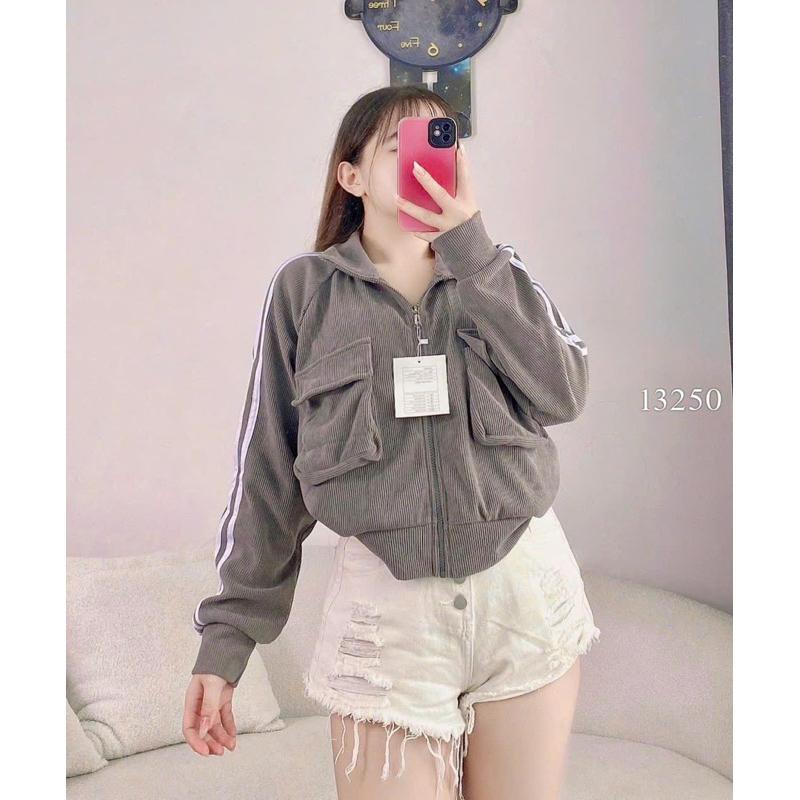 Áo khoát nữ nhung Gân Túi Hộp Cổ Trụ Tay Viền 3 Sọc siêu chất thời trang-A2050 - Kem Trụ Hộp