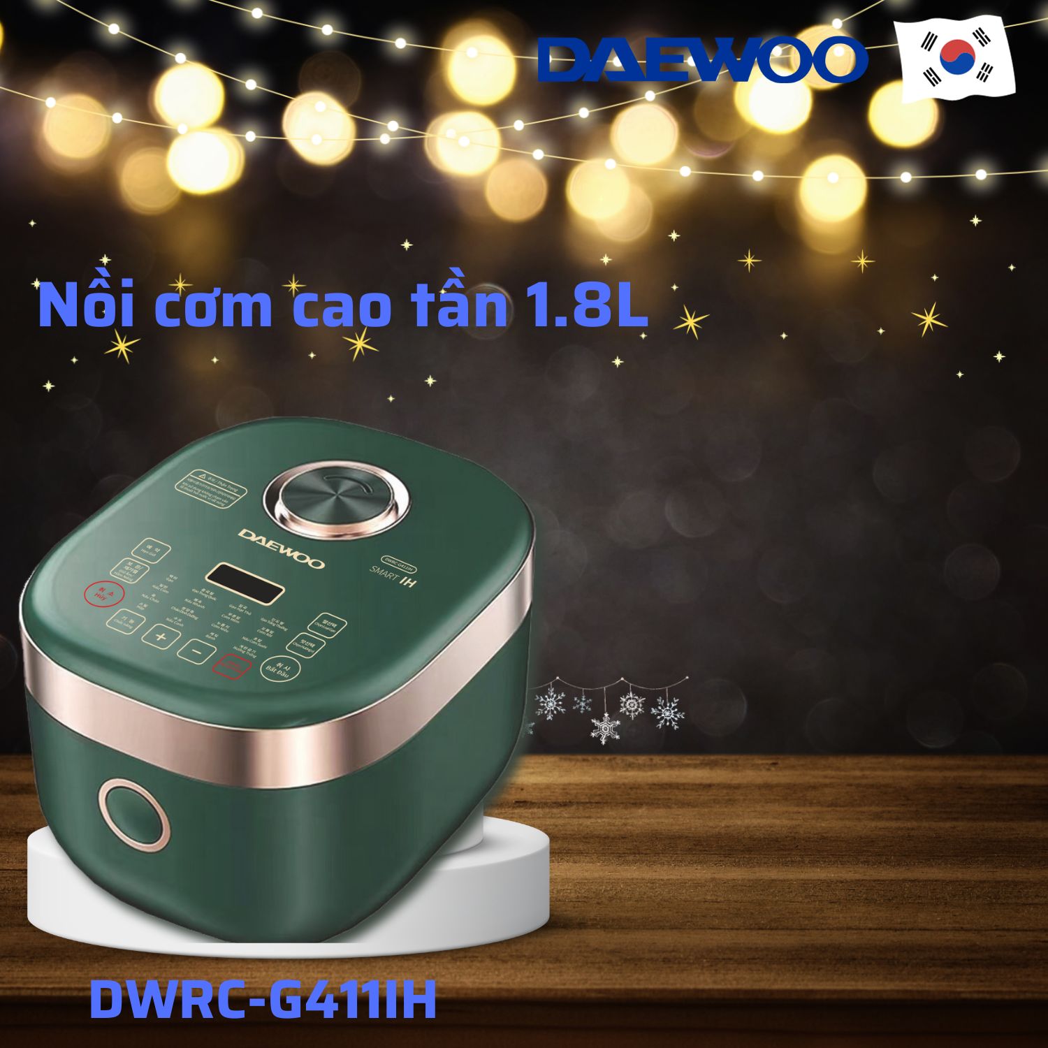 Nồi cơm điện cao tần 1.8L Daewoo DWRC-G411IH công suất 1200w, bảo hành 1 năm, hàng chính hãng