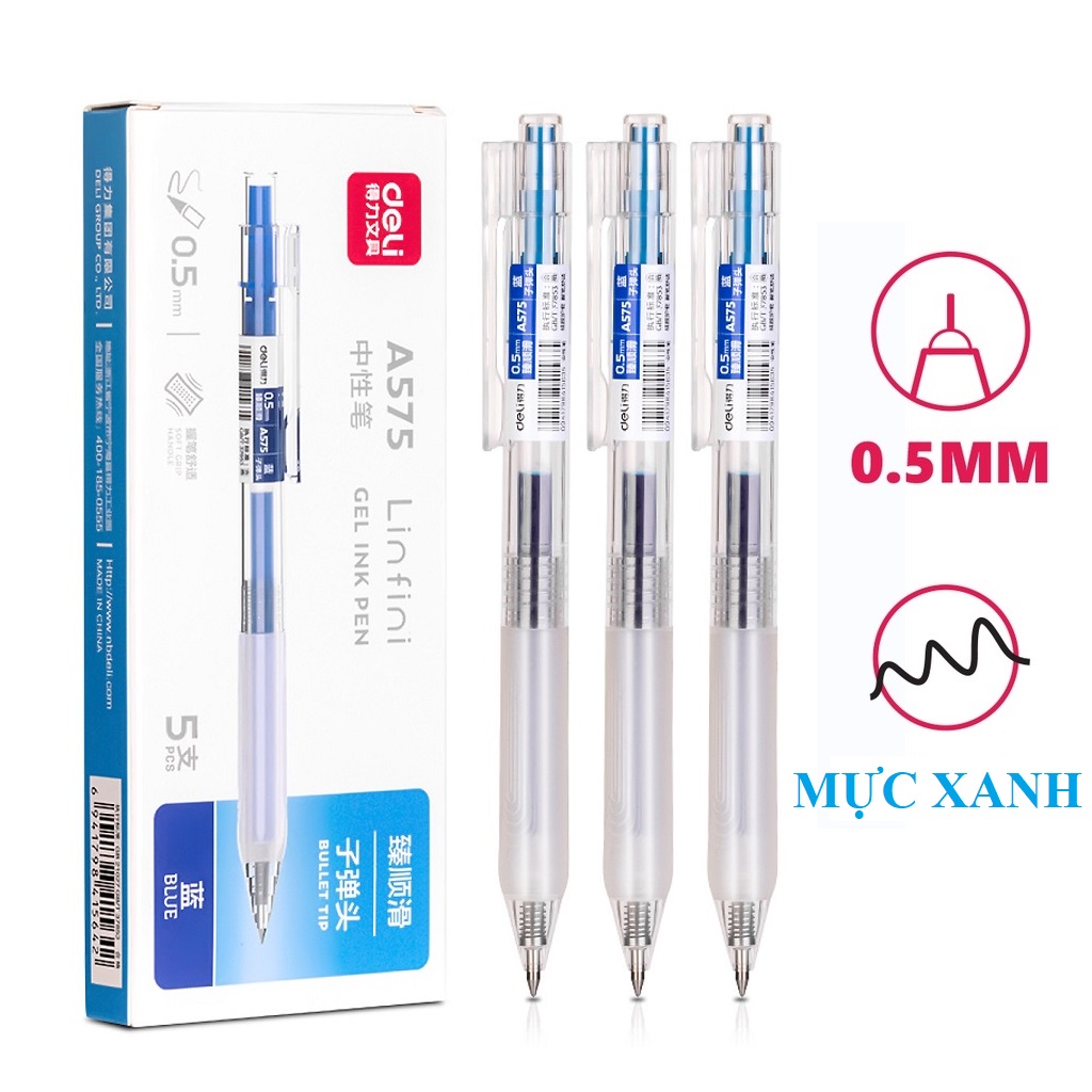 Hộp 5 Bút gel Deli A575 ngòi 0.5mm