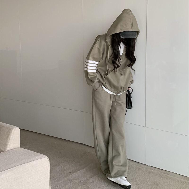 Set bộ quần áo len tăm 3 sọc áo hoodie quần dài màu xám mặc thu đông