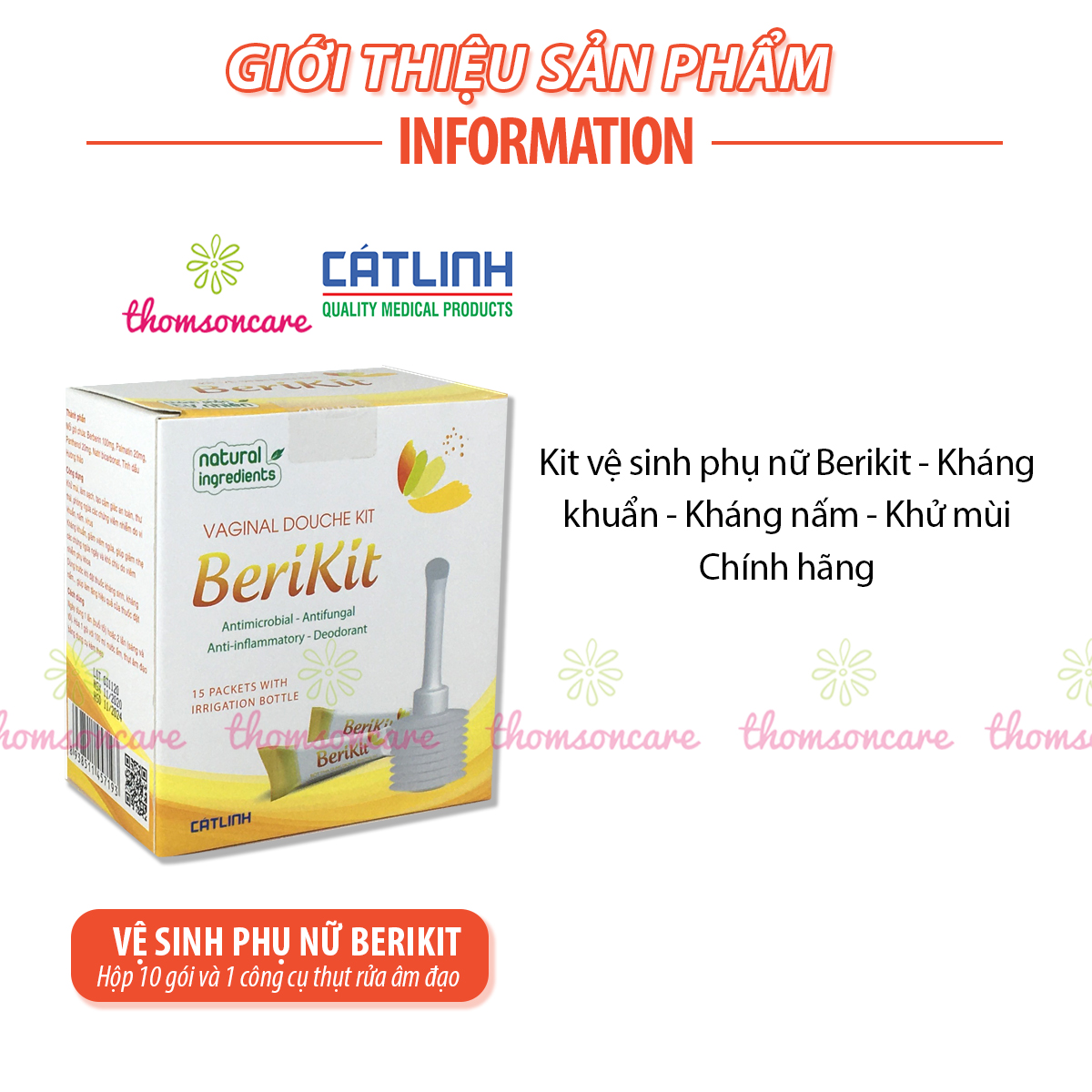 Bộ thụt rửa vệ sinh phụ nữ Berikit kèm 15 gói muối - Dung dịch rửa sâu, chống nấm, khử mùi - Của dược Cát Linh