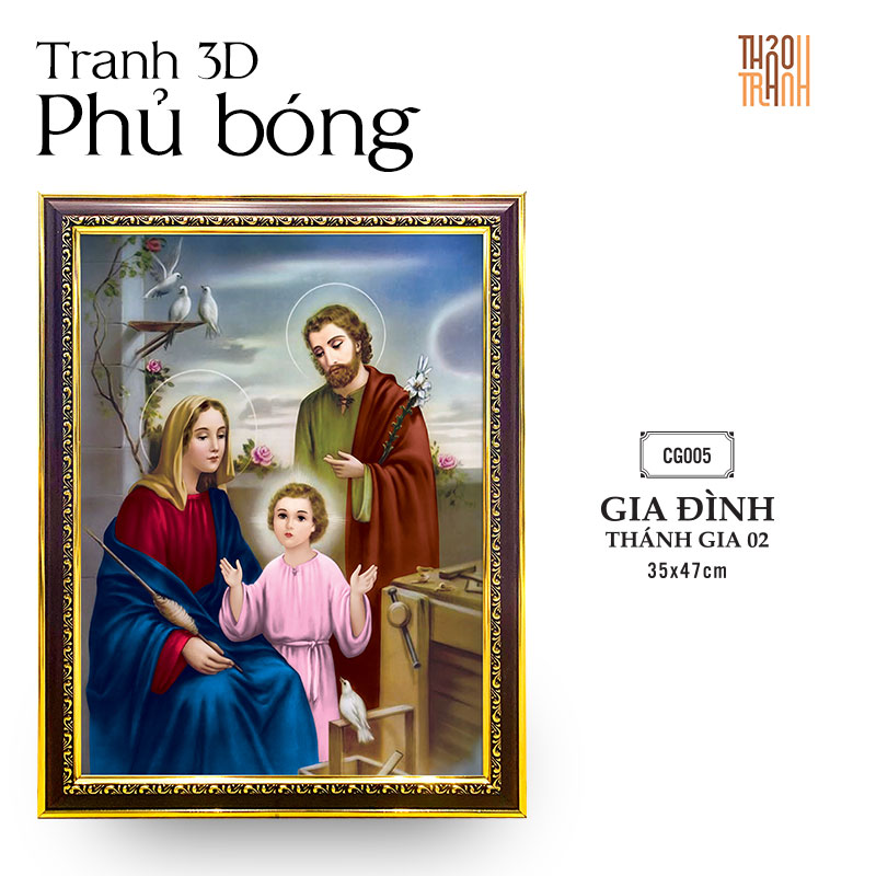 Tranh 3D Công Giáo Treo Tường - Gia Đình Thánh Gia CG005, 35x47cm - Khung Composite Cổ Điển, Pha lê, Tráng gương