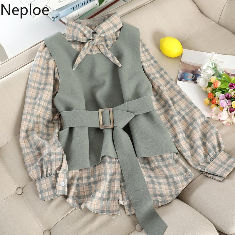 Neploe Retro Kẻ Sọc Đơn Ngực Rời Đáy Áo Sơ Mi + Slim Dây Lưng Woolden Áo Vest Thanh Lịch 2 Nữ bộ 2021 New 46998