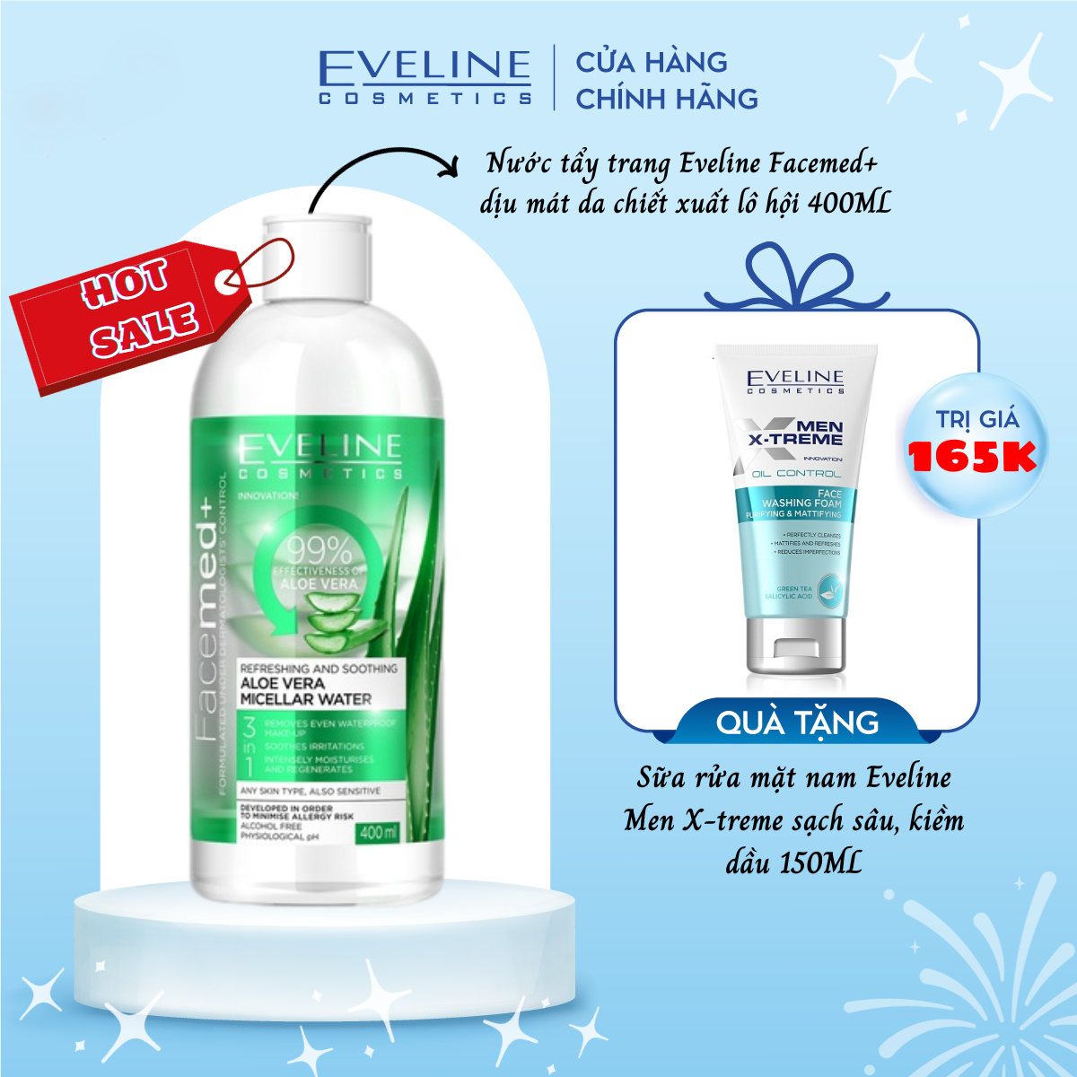 [TẶNG rửa mặt nam Eveline] Nước tẩy trang làm dịu mát da 3 trong 1 Eveline chiết xuất Lô hội Facemed 400ml