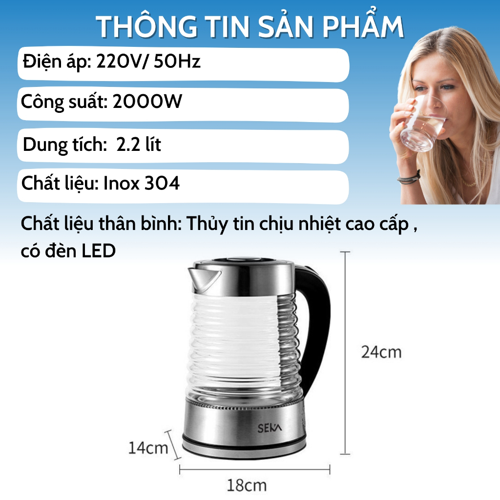Ấm Siêu Tốc Thủy Tinh SEKA SK2829T 2.2L - Hàng Chính Hãng