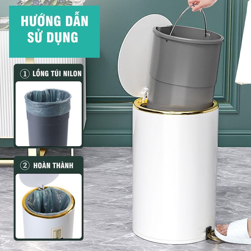 Thùng rác inox tròn có nắp đậy và đạp chân cao cấp kèm giảm chấn và sáng bóng R14