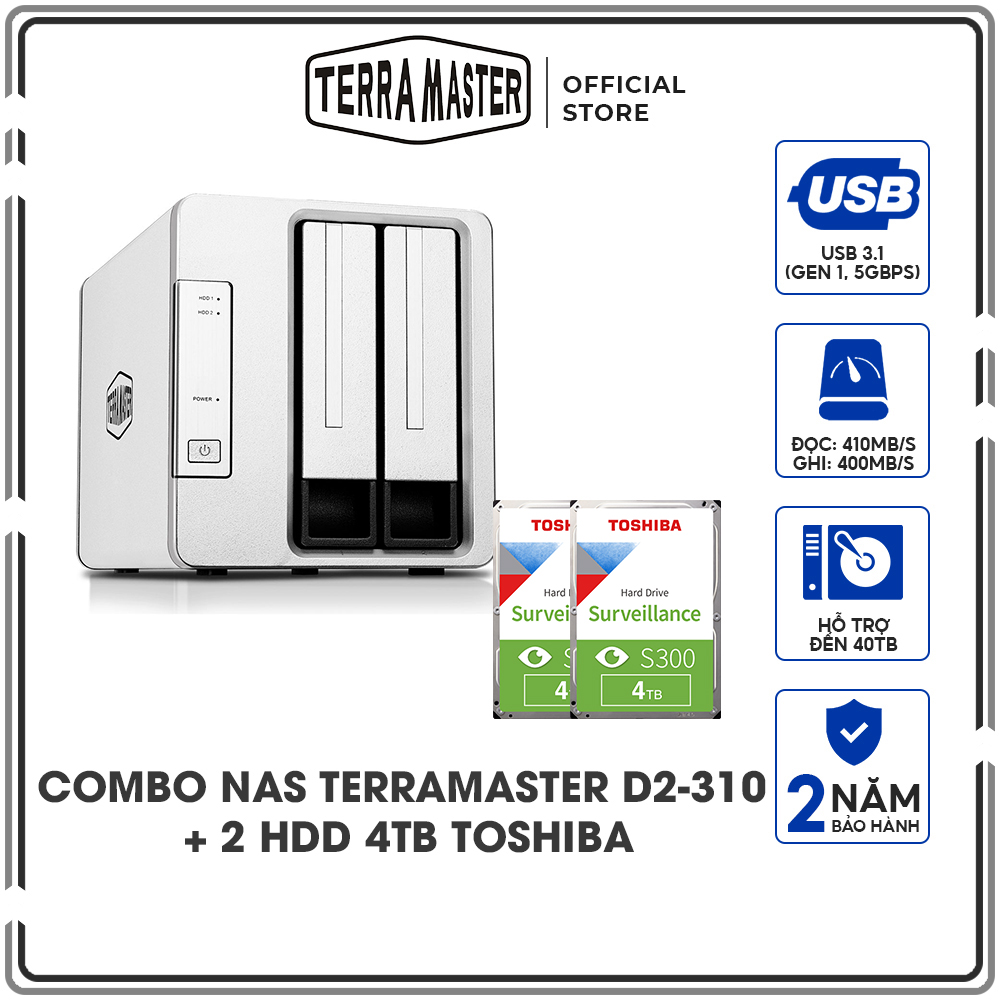 Combo ổ cứng mạng DAS Terra Master D2-310 + ổ cứng NAS iHDD Toshiba S300 2TB - Hàng chính hãng