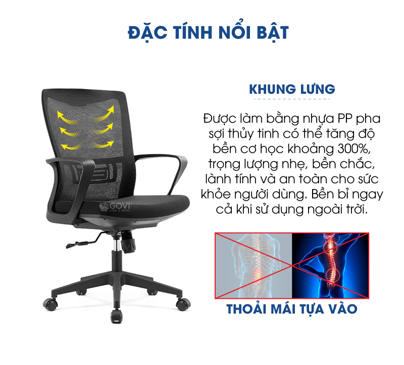 Ghế xoay văn phòng GOVI Ryan R01 Thiết kế hỗ trợ người dùng, lưng lưới thoáng mát, khung ghế chắc chắn