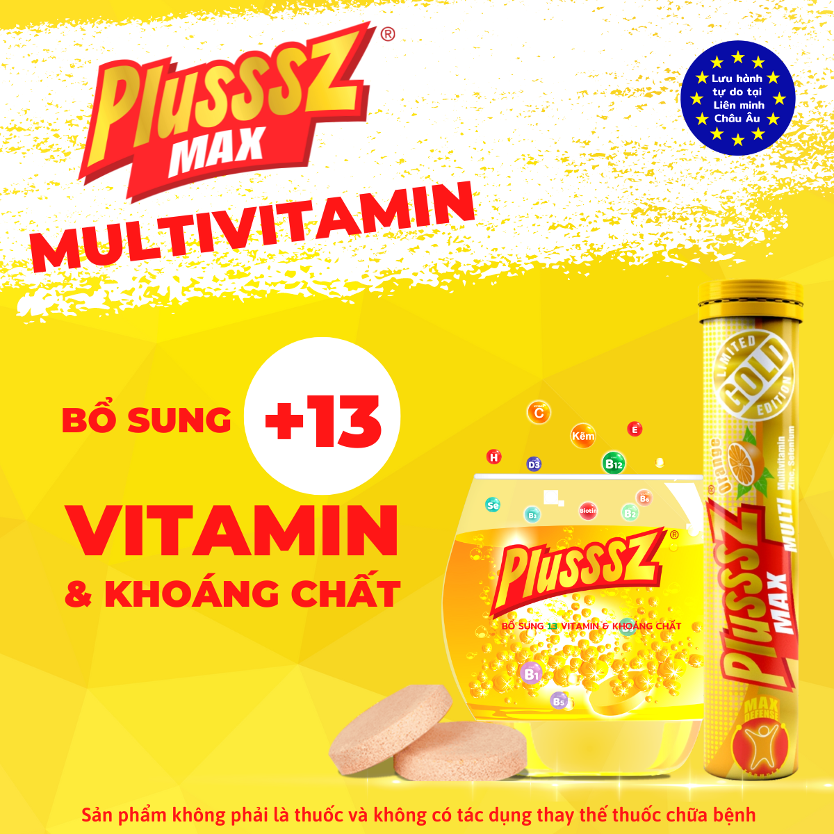 Viên bổ sủi bọt Plusssz Max Multivitamin không đường hương vị cam