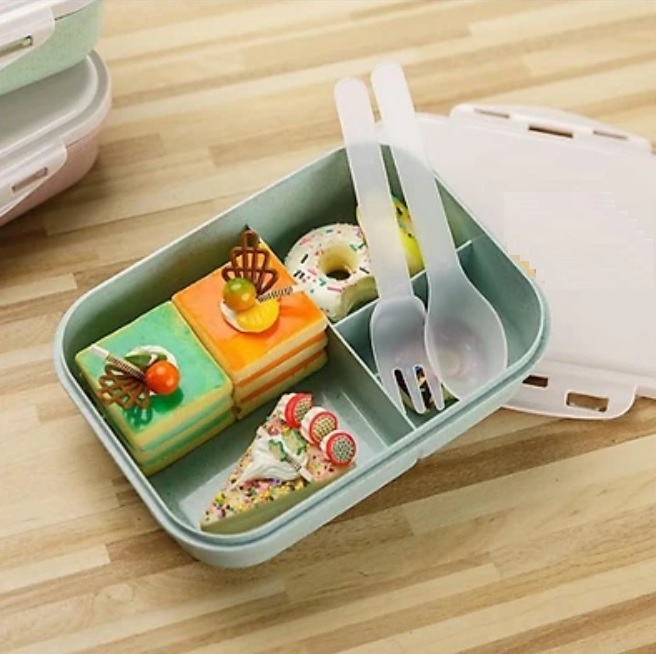 Hộp đựng cơm 3 ngăn lúa mạch kèm muỗng nĩa