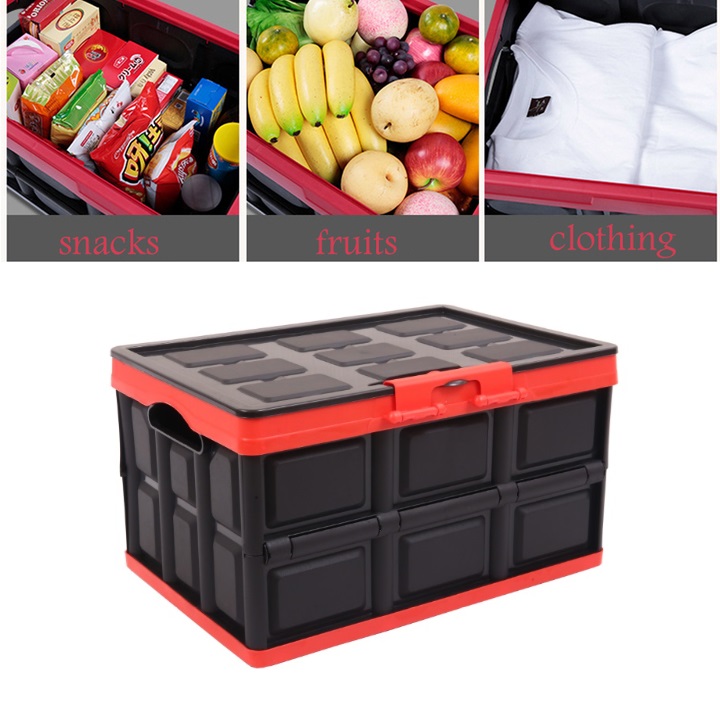 Hộp để đồ đa năng gấp gọn cốp sau ô tô dung tích 30 lít, Kích thước: Sâu x Rộng x Cao , Màu đen viền đỏ, KM309-30