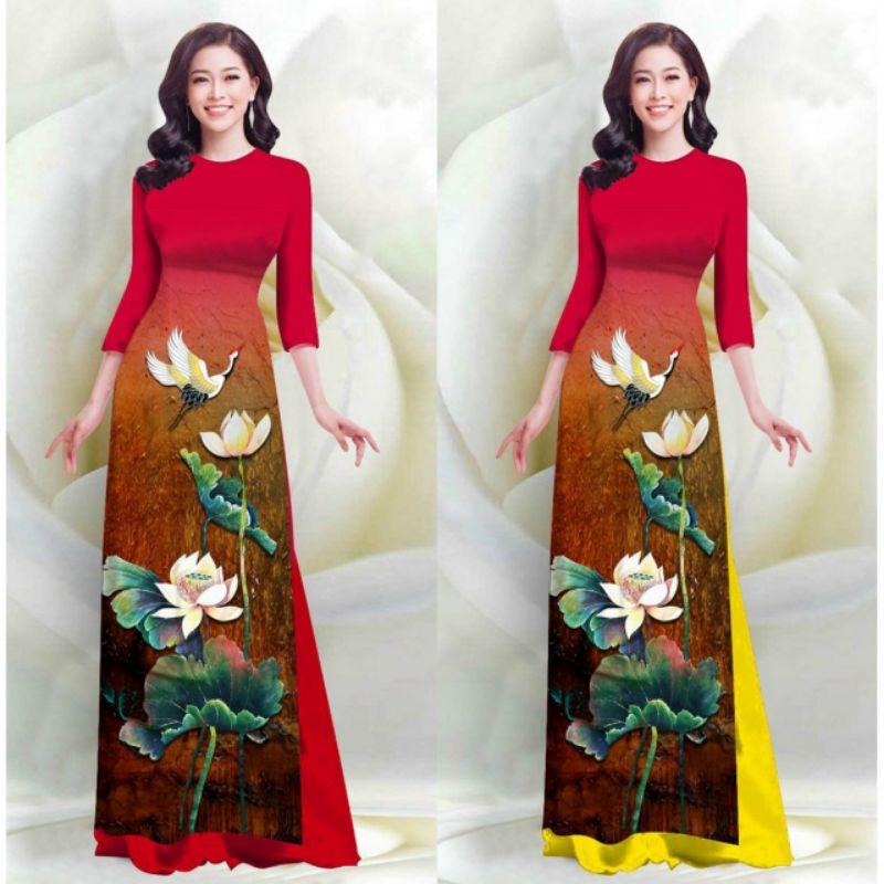SÉT ÁO DÀI LỤA HỌA TIẾT SEN HẠC 4D VN