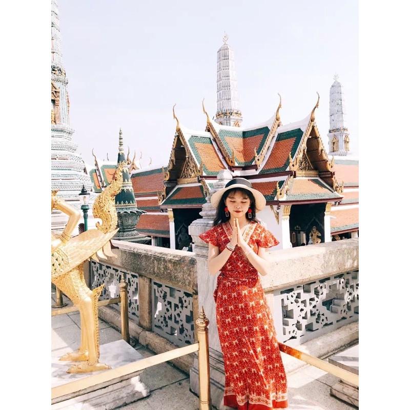 Váy Du Lịch Đỏ Thổ Cẩm Boho Buộc Eo Cộc Tay