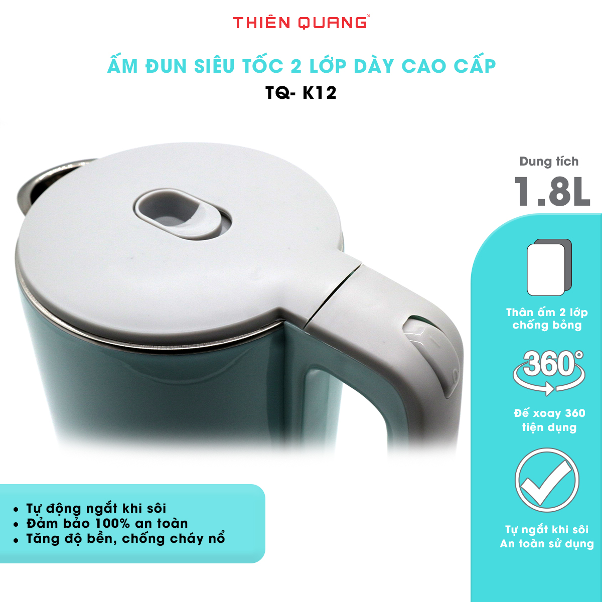 Ấm đun siêu tốc cao cấp Thiên Quang 2 lớp dung tích 1.8L công suất cao 1500W màu pastel TQ-K12