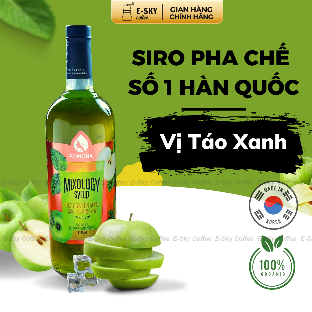 Siro Táo Xanh Pomons Pulpy Green Apple Syrup Nguyên Liệu Pha Chế Hàn Quốc Chai Thủy Tinh 1 lít