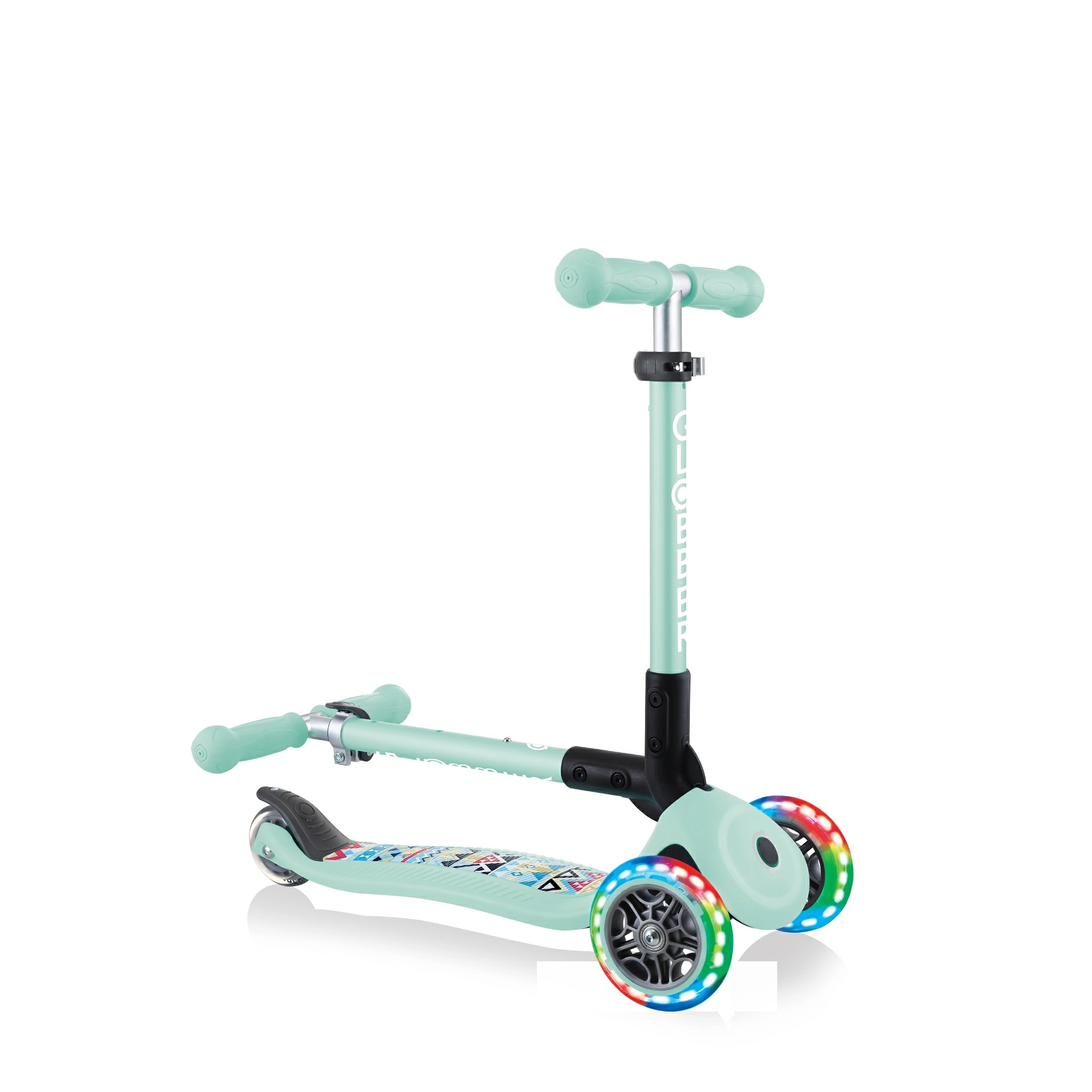 Xe Trượt Scooter 3 Bánh Gấp Gọn Có Bánh Xe Phát Sáng Globber Junior Fantasy Cho Trẻ Em Từ 2 Đến 6 Tuổi - Xanh Mint Có Họa Tiết