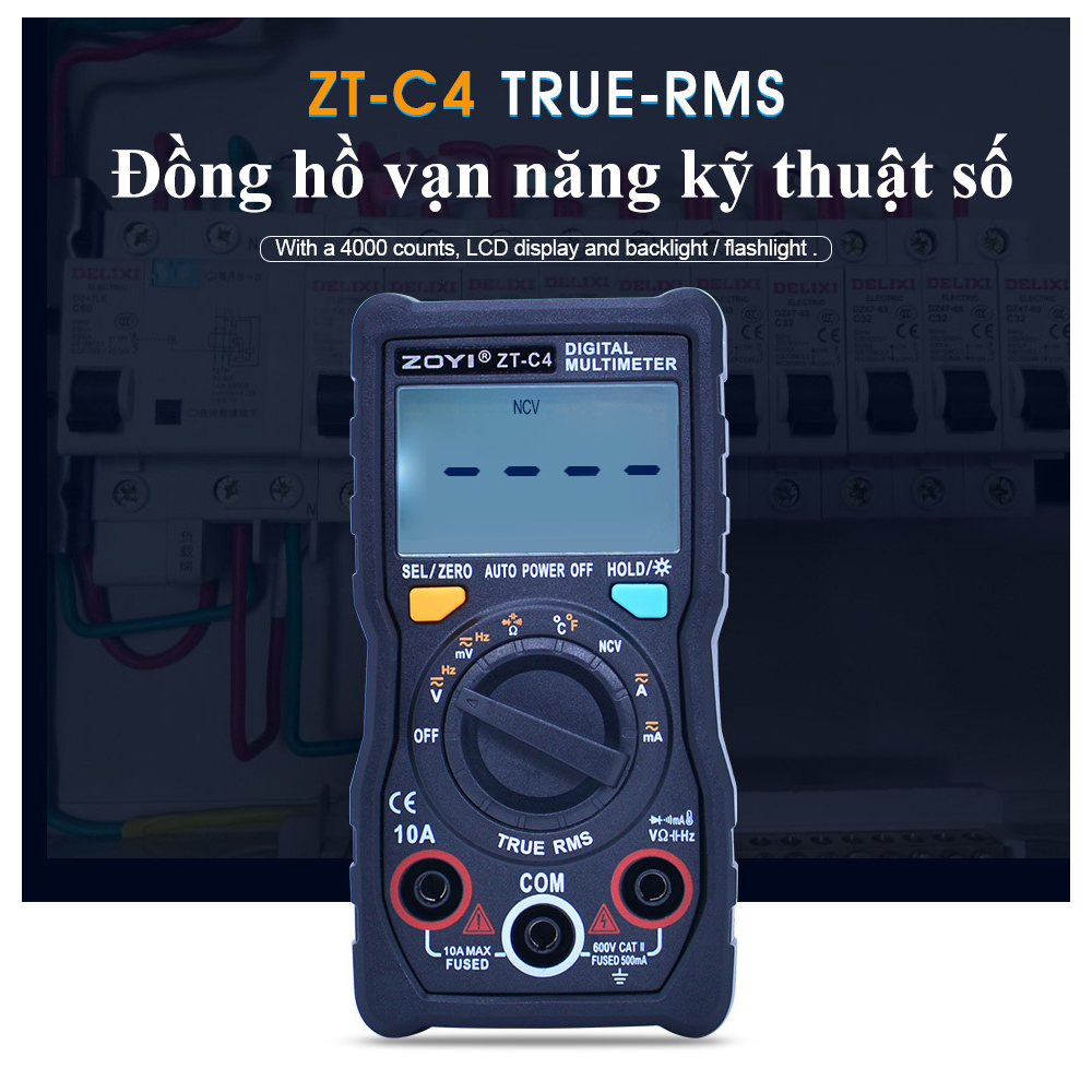 Đồng Hồ Đo Điện Vạn Năng Zoyi ZT-C4 - Điện Áp AC DC, Kiểm Tra Tụ, Dò NVC, Đo Điên Dung, Nhiệt Độ, Cảnh Báo Pin Thấp - Hàng Chính Hãng