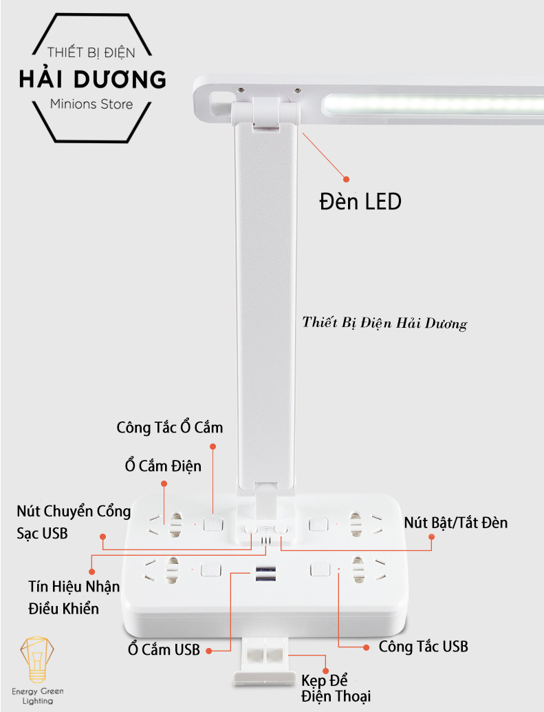 Đèn Bàn Led Có Thể Gấp Gọn DB-3018 - Điều Khiển Từ Xa - Tích Hợp Ổ Cắm Điện, USB - Tặng Kèm 1 Phích Chuyển Đổi 3 Chân - Có Video