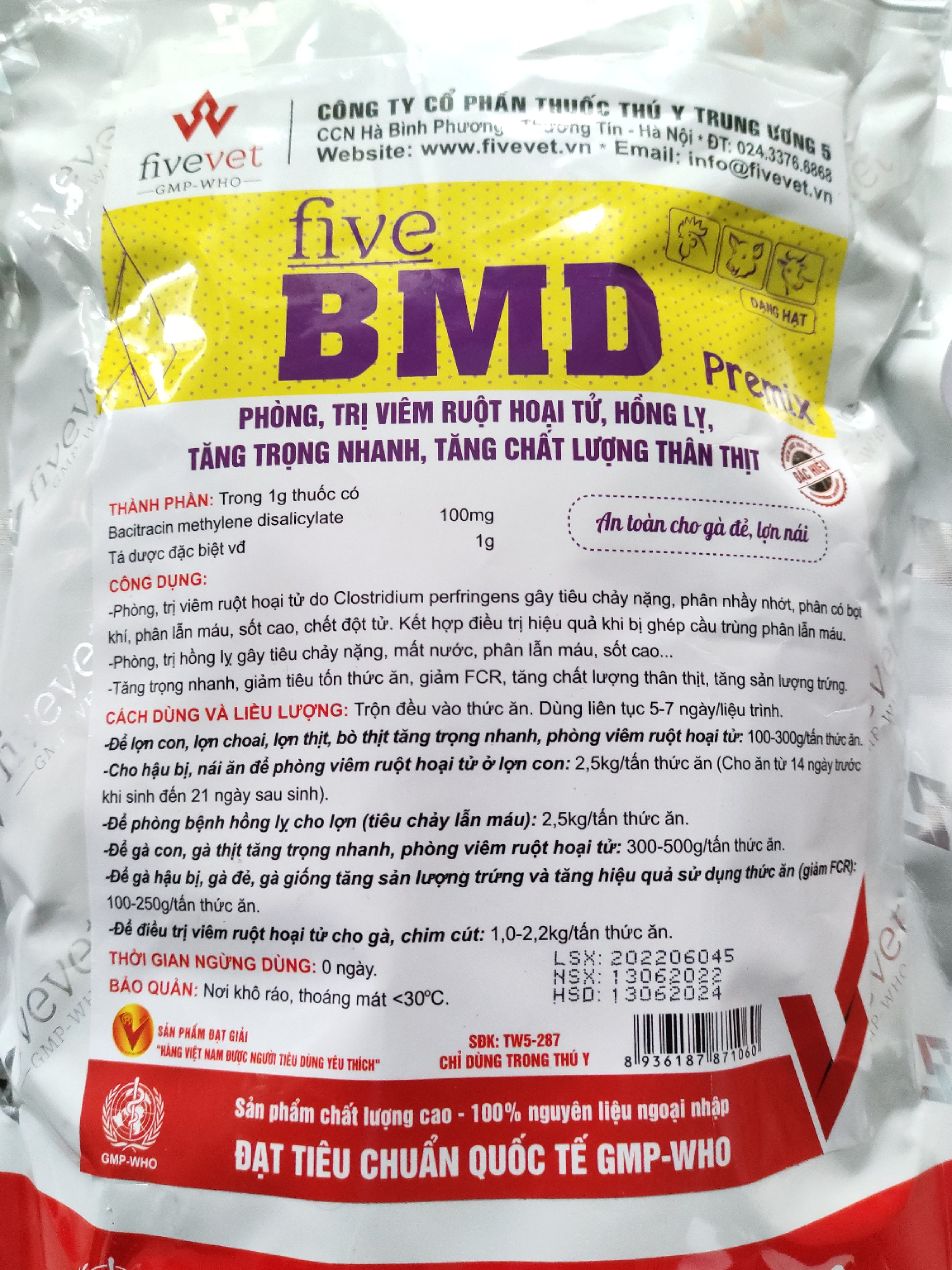 Five BMD Premix phòng t.rị bệnh viêm ruột hoại tử, hồng lị, tăng trọng nhanh, tăng chất lượng thịt