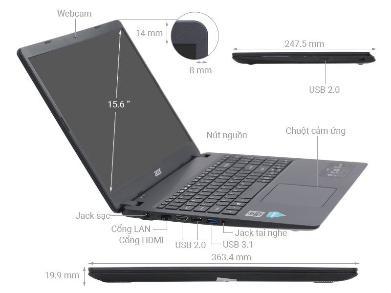 Laptop Acer Aspire A315-56-58EG (NX.HS5SV.00J) Black/ Intel i5 1035G1 (up to 3.6GHz, 6MB)/ RAM 4GB/ 256GB SSD/ 15.6inch FHD/ Win 11- Hàng chính hãng