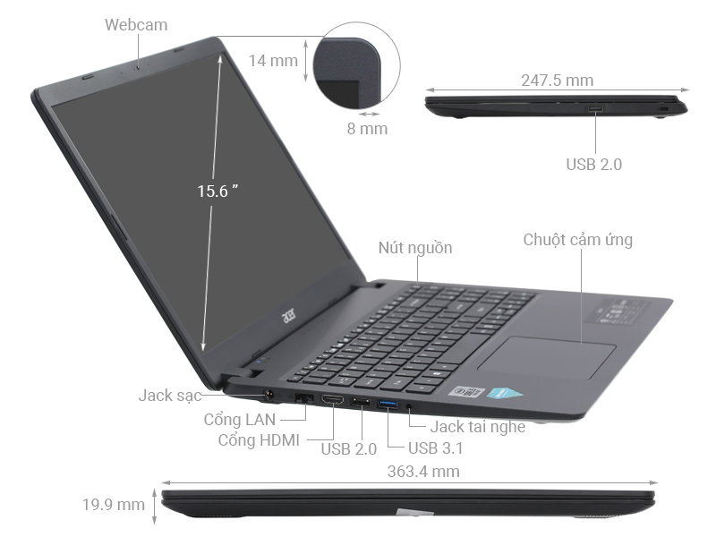 Laptop Acer Aspire A315-56-58EG Black/ Intel i5 1035G1 / RAM 4GB/ 256GB SSD/ 15.6inch FHD/ Win 11- Hàng chính hãng