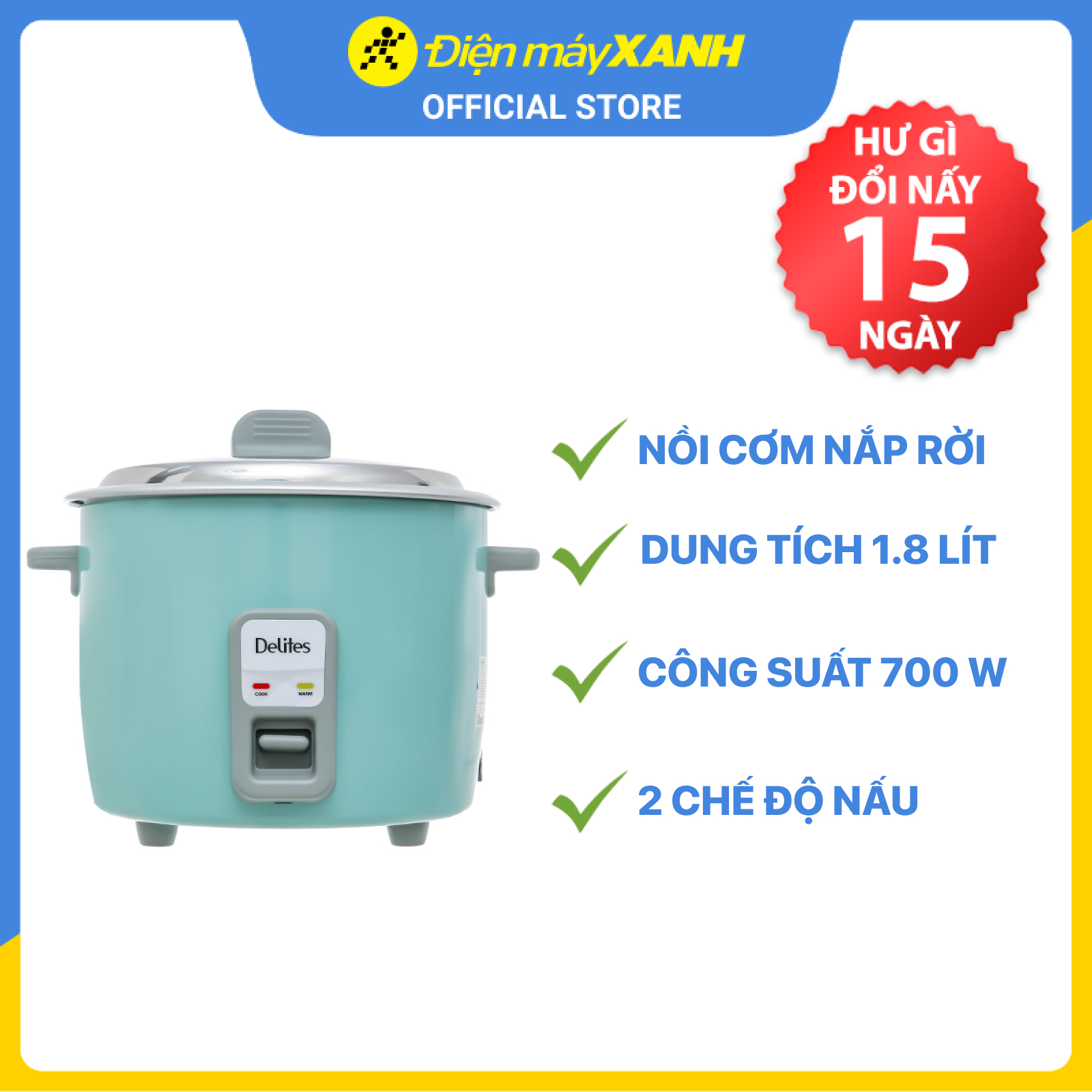 Nồi cơm điện nắp rời Delites 1.8 lít NCR1802 - Hàng chính hãng