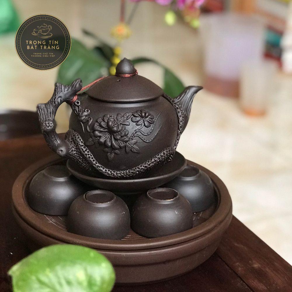 Bộ Ấm Chén Trà Đạo Gốm Tử Sa Bát Tràng Đắp Nổi Hoa Phù Dung Dáng Thủy Bình Dung Tích 400ml ATSML 02.2
