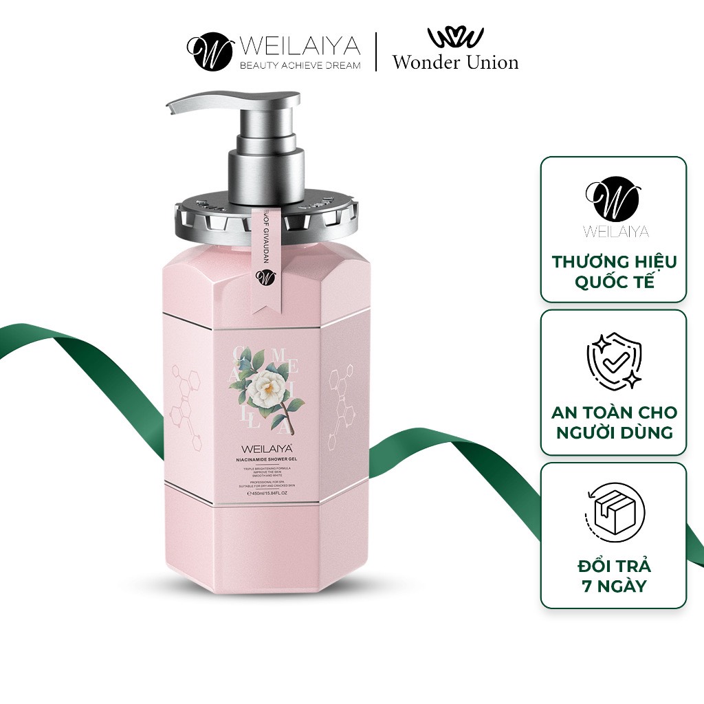 Sữa tắm trắng da hoa trà, làm sạch da toàn thân Niacinamide Weilaiya thơm lâu phù hợp cho mọi loại da 450ml