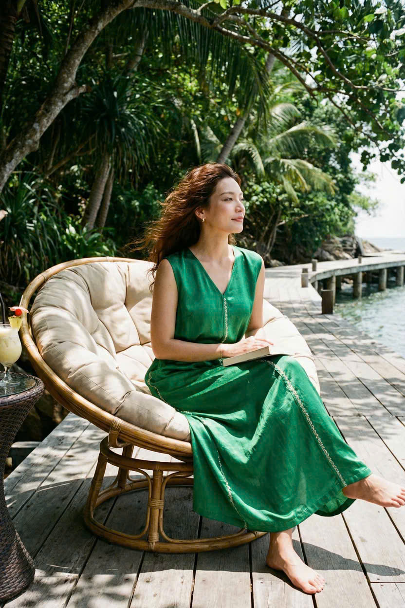 Đầm Maxi Lụa Tơ Tằm Thêu Tay Xanh Ngọc Phỉ Thuý DRE202 thời trang thiết kế Hity