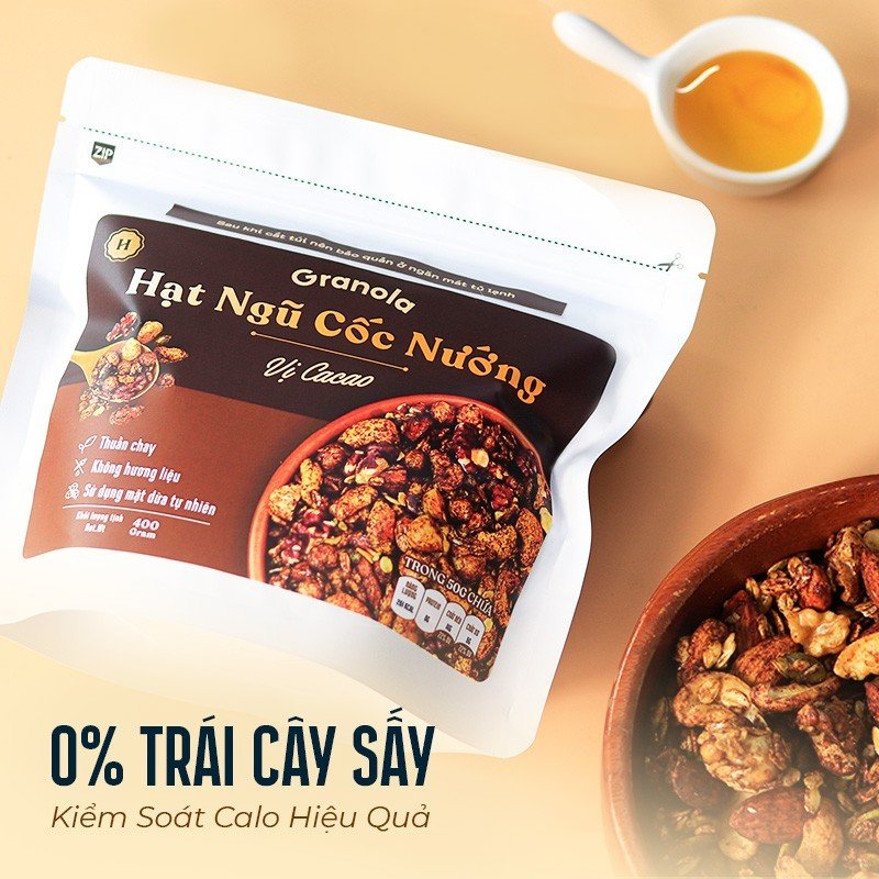 Granola nướng giòn tan - Vị Cacao túi 400g - Dùng mật dừa nước, 0 trái cây sấy, GI thấp - Hạt ngũ cốc giảm cân - HeydayCacao