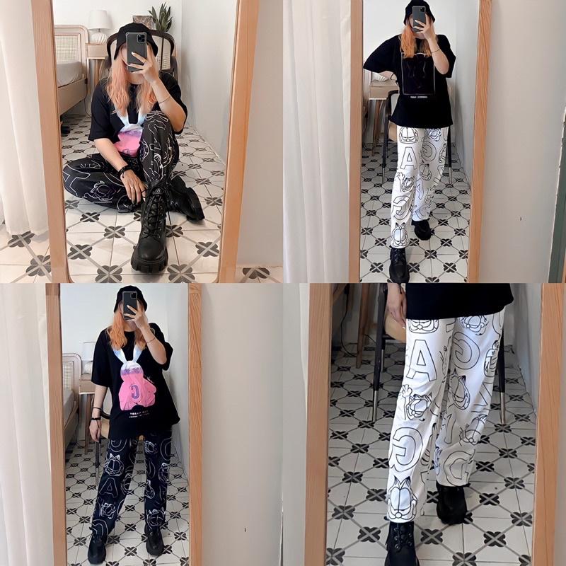 Quần Jogger Thun Unisex có dây rút HOẠ TIẾT MÈO màu ĐEN/TRẮNG ️