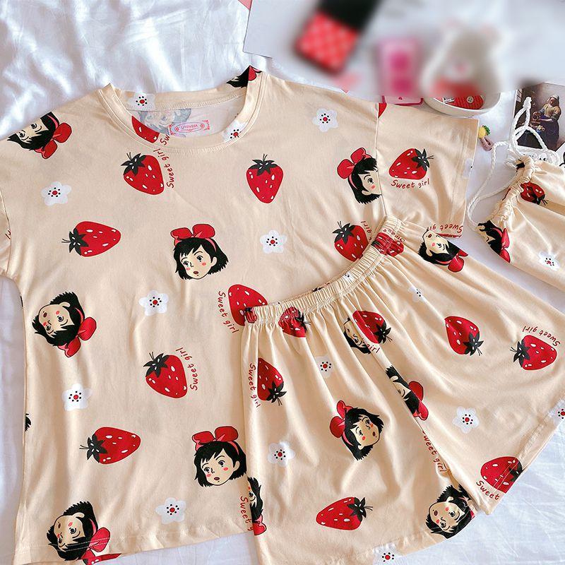 Bộ đồ ngủ ngắn tay dáng rộng in họa tiết hoạt hình xinh xắn thoải mái dành cho nữ