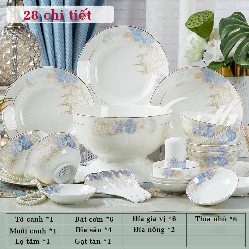 Bộ bát đĩa SỨ XƯƠNG cao cấp, Bộ bát ăn cơm Ngôi Làng Châu Âu 28 - 58 chi tiết, Hàng Nhập khẩu không tạp chất, An toàn tuyệt đối cho sức khỏe gia đình. Dùng được cho Lò vi sóng, Lò nướng, Máy rửa bát Máy khử khuẩn.