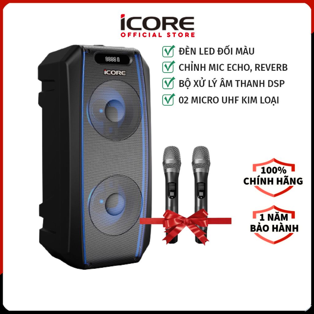 Loa du lịch iCore i6 - Loa karaoke bluetooth xách tay - Kèm 2 micro UHF cao cấp - Hàng Chính Hãng