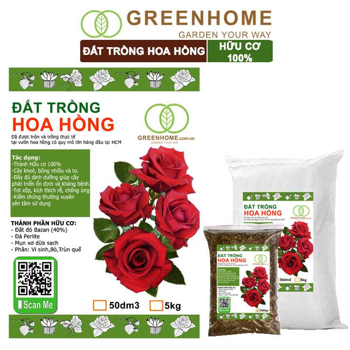 Đất trồng hoa hồng hữu cơ, bao 5 kg, đất đầy đủ dinh dưỡng, kháng bệnh tốt, sai hoa, bông to |Greenhome