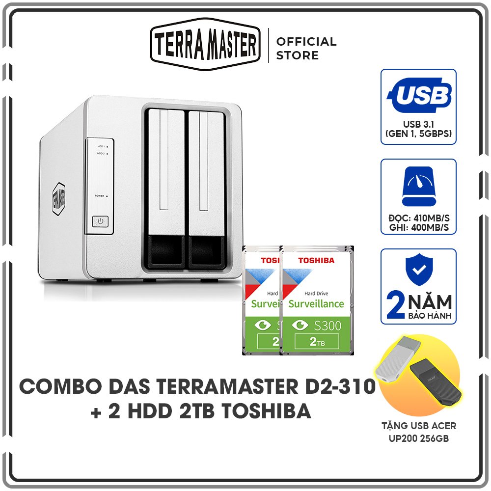 Combo ổ cứng mạng DAS Terra Master D2-310 + ổ cứng NAS iHDD Toshiba S300 2TB - Hàng chính hãng